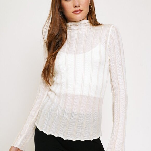 MYSTREE heer White Mock Neck Long Sleeve Top, Lightweight Mesh Knit Blouse - Picture 3 of 10